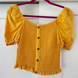 Love Tree Mustard Smocked Puff Sleeve Blouse